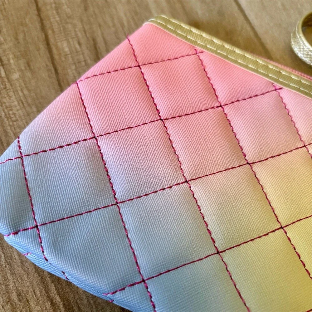Pastel Ombre Quilted Makeup Bag Wristlet Pouch Zip w/ Pink Pom Pom Charm